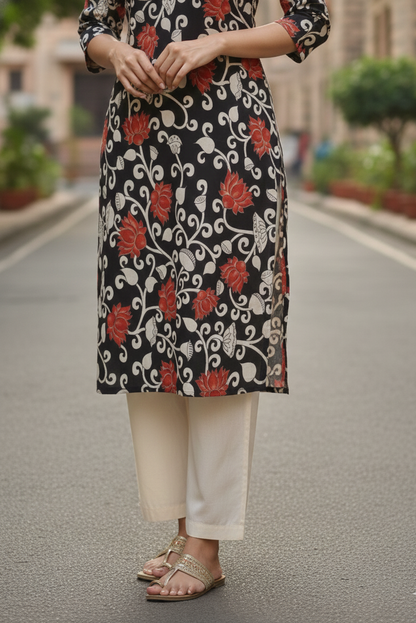 Black & Red Lotus Floral Kalamkari Kurti (IB0240)