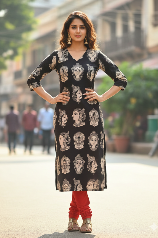 Black Ethnic Face Print Kalamkari (IB0193)