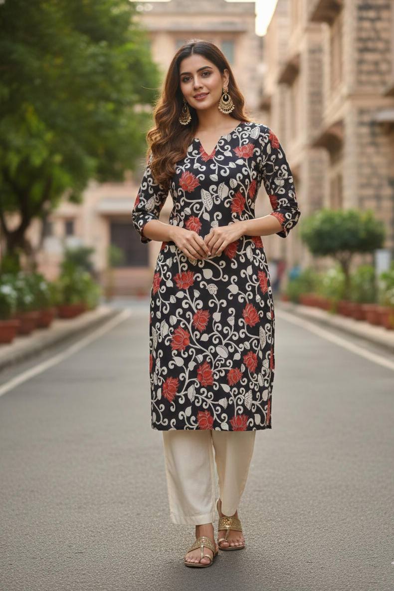 Black & Red Lotus Floral Kalamkari Kurti (IB0240)