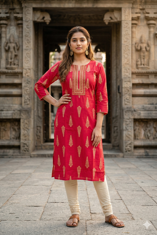 Crimson Red gold foil leaf Print Office Wear (IB0372)