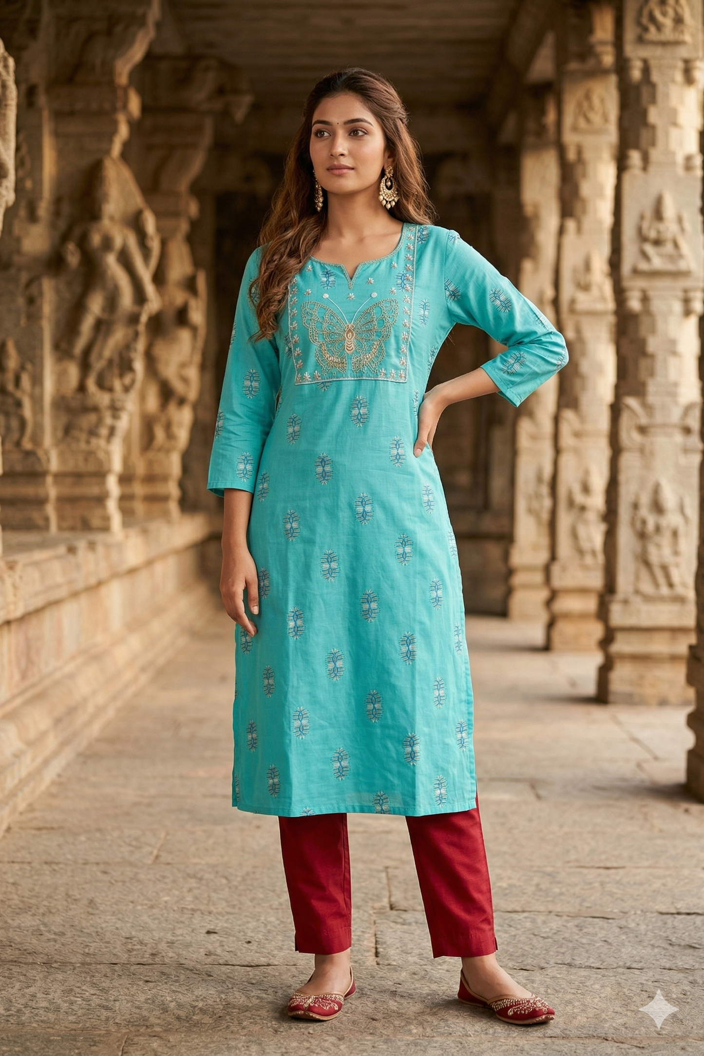 Turquoise Embroidery Office wear (IB0374)