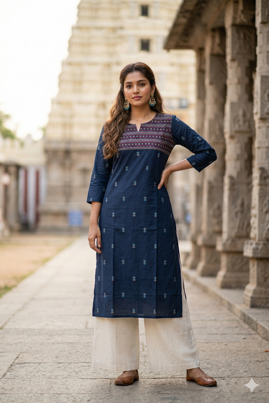 Navy Blue Geometric Yoke Cotton Office Wear (IB0389)