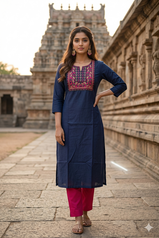 Navy Blue Magenta Floral Embroidery Cotton Office Wear Kurti (IB0396)