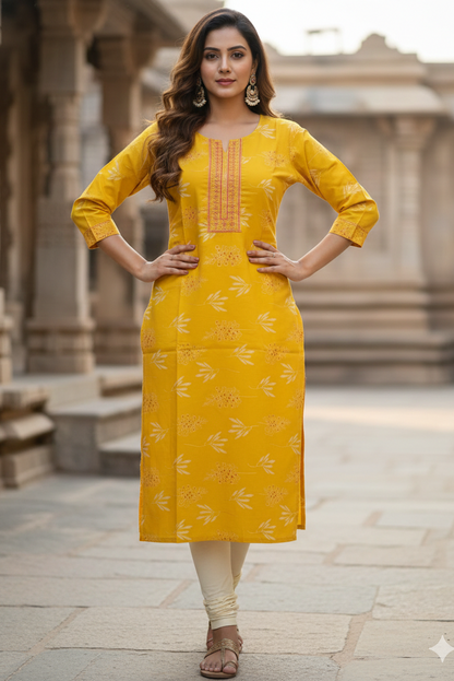 Yellow Floral Printed Office Kurti with Embroidered Yoke (IB0450)