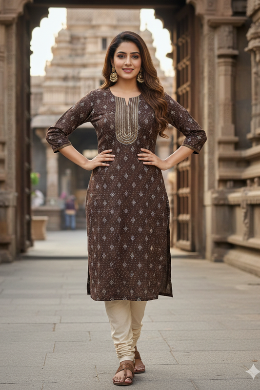 Dark Brown Bandhani Printed Kurti Office Wear (IB0451)