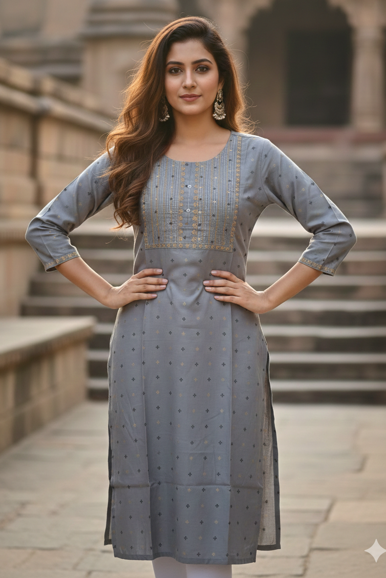 Elegant Soft Grey Cotton Office Wear Kurti (IB0453)