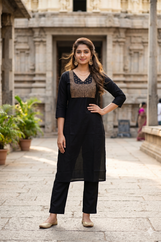 Elegant Jet Black Office Wear Kurti with Zari (IB0454)