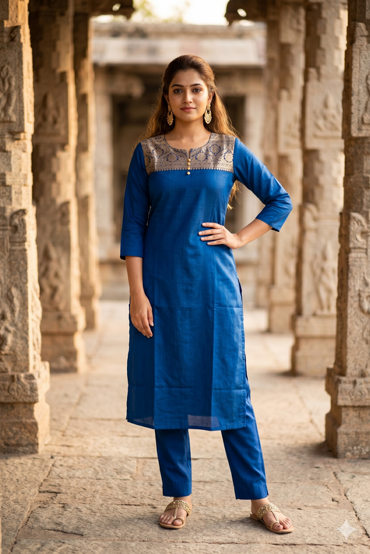 Blue Kurti with Golden Brocade Woven Office Wear (Ib0455)