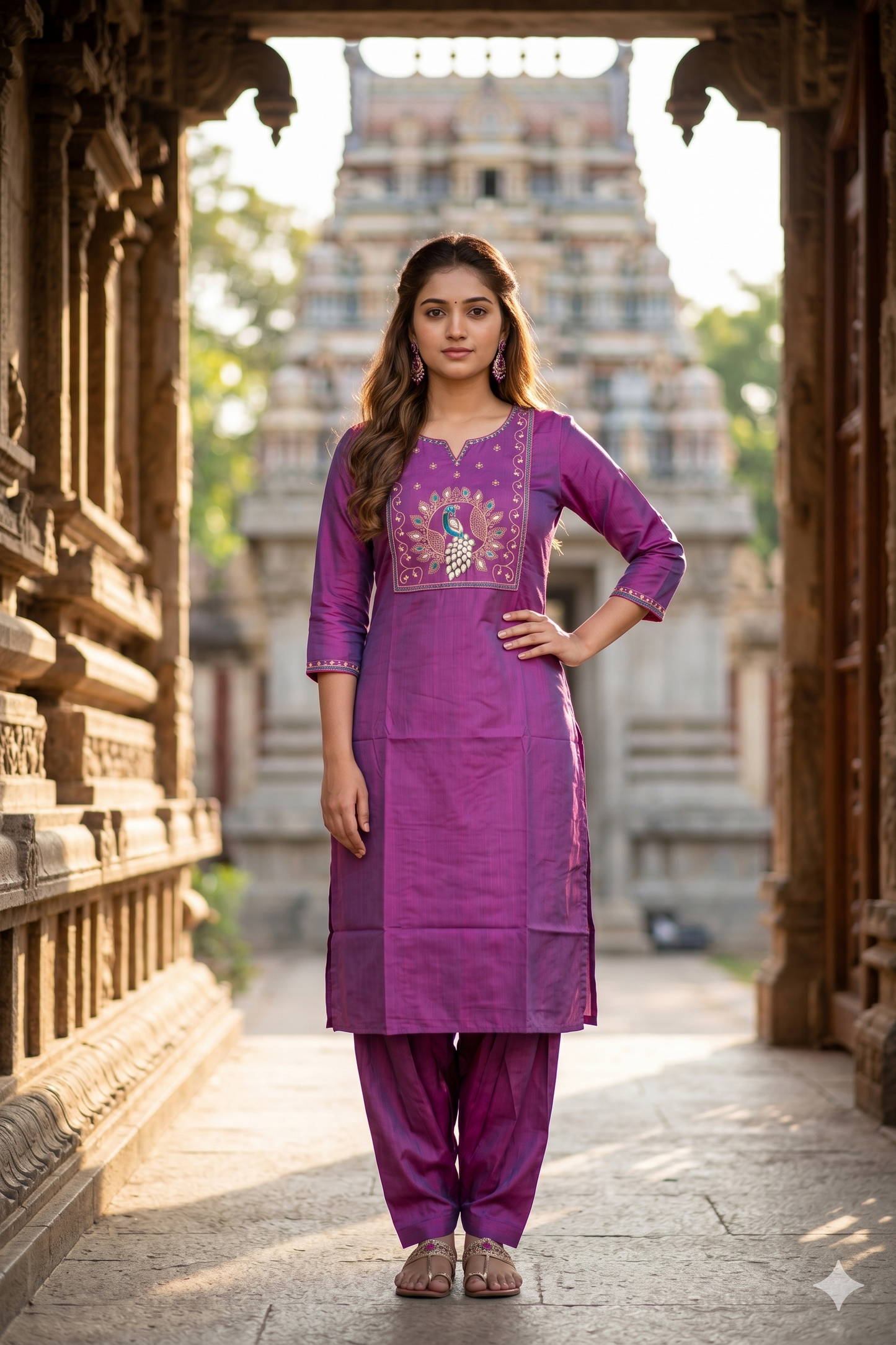 Magenta Purple Kurti with Embroidered Peacock Yoke  (IB0456)