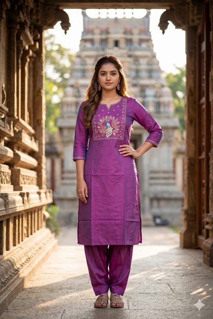 Magenta Purple Kurti with Embroidered Peacock Yoke  (IB0456)