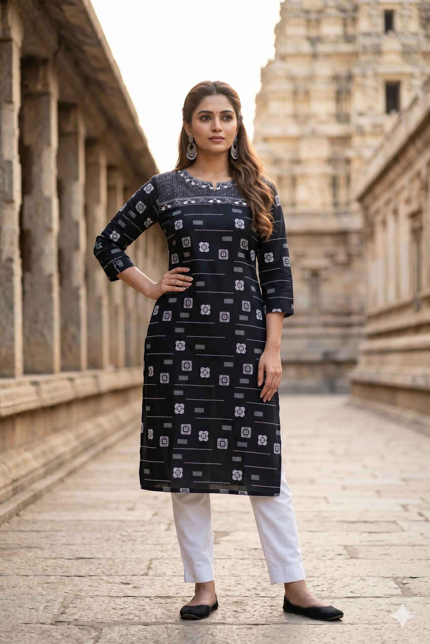 Black and White Monochrome Office Wear Kurti (IB0457)