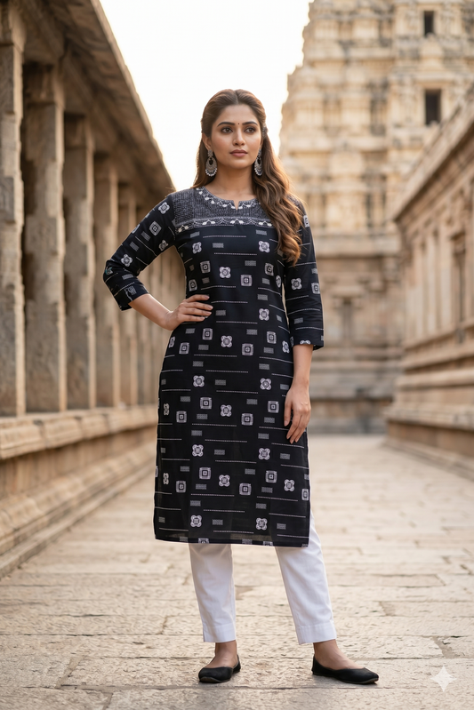 Black and White Monochrome Office Wear Kurti (IB0457)