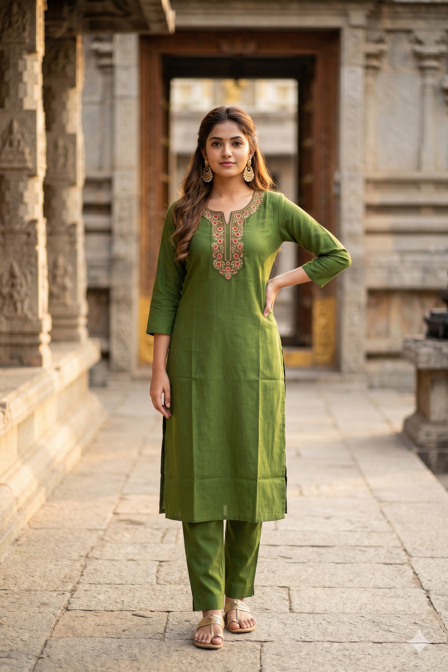 Olive Green Floral Embroidered Office Wear Kurti (IB0458)