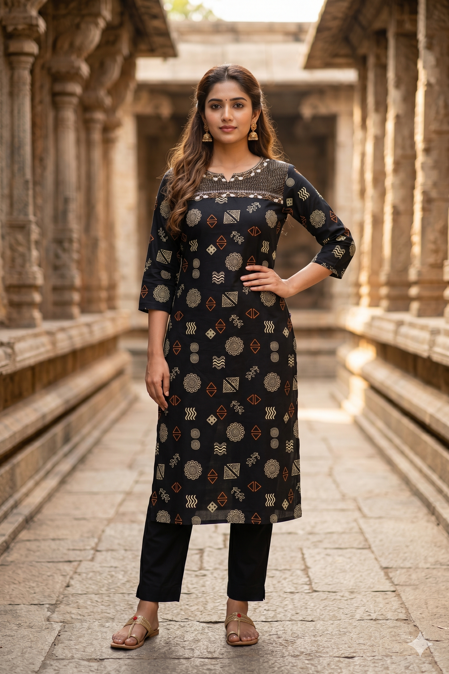 Black Geometric Print Yoke-Embroidered Office Wear Kurti (IB0459)