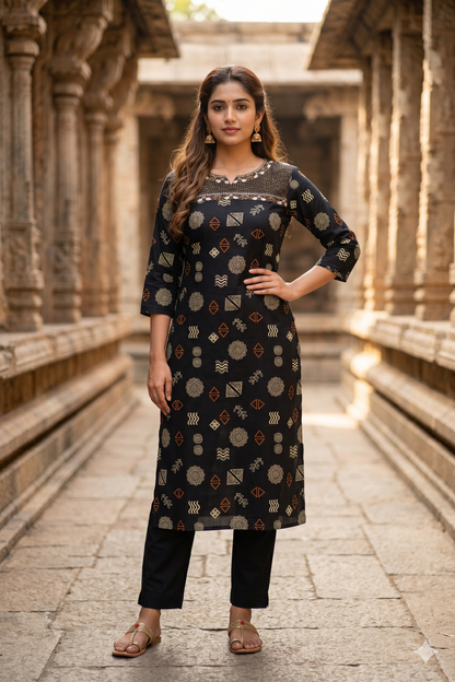 Black Geometric Print Yoke-Embroidered Office Wear Kurti (IB0459)