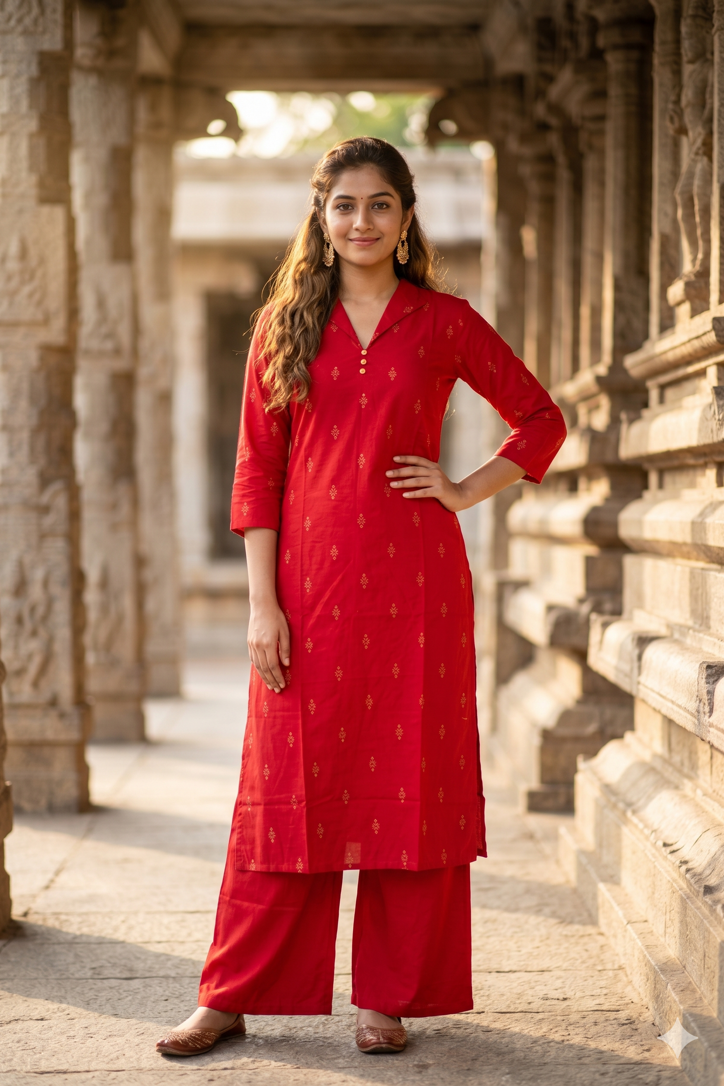 Red Shirt-Collar Geometric Print Office Wear Kurti (IB0460)