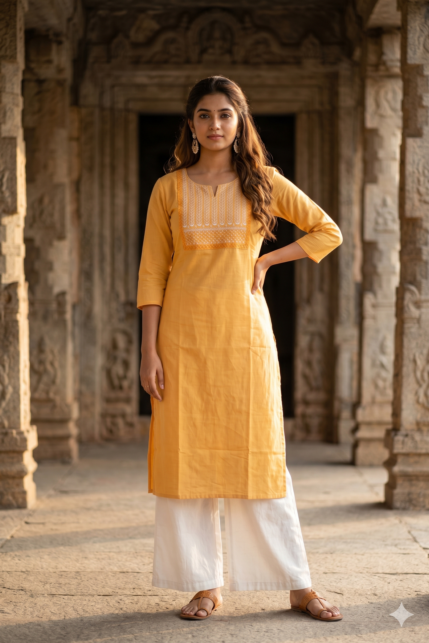 Yellow Linear Embroidered Office Wear Kurti (IB0461)