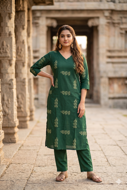 Dark Green Motif Print V-Neck Office Wear Kurti (IB0462)