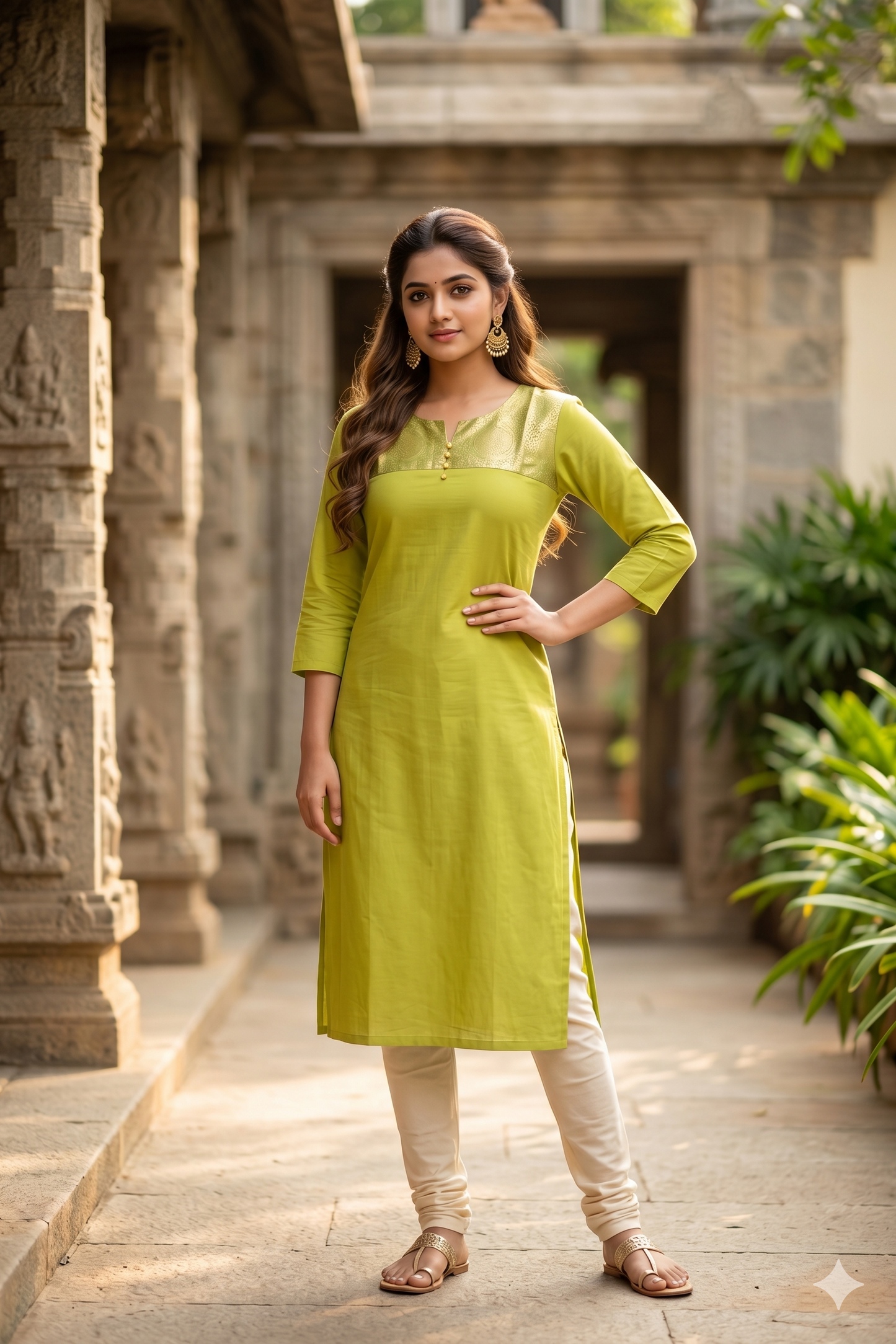 Olive Lime Woven Yoke Office Wear Kurti (IB0463)