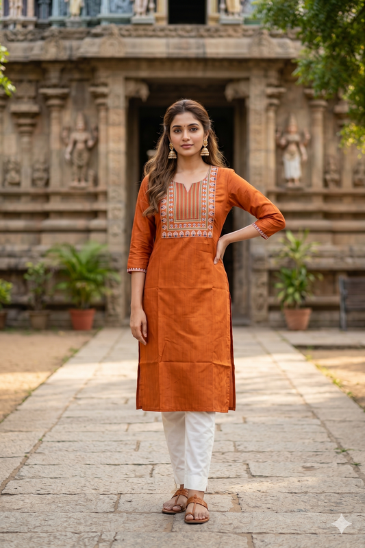 Rust Orange Neck-Embroidered Office Wear Kurti (IB0464)