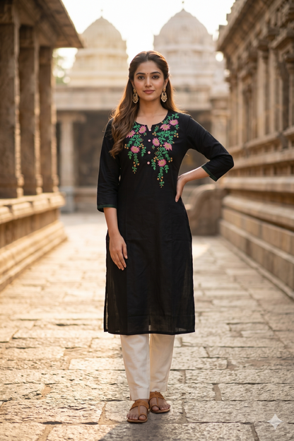 Black Straight Kurti with Pink and Green Floral Embroidery (IB0465)