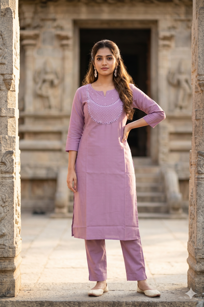 Mauve Yoke-Embroidered Straight Kurti (IB0467)