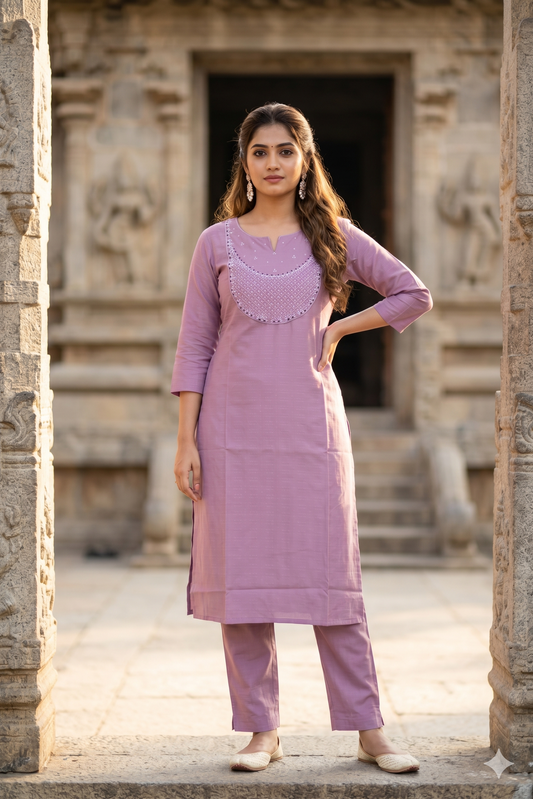 Mauve Yoke-Embroidered Straight Kurti (IB0467)