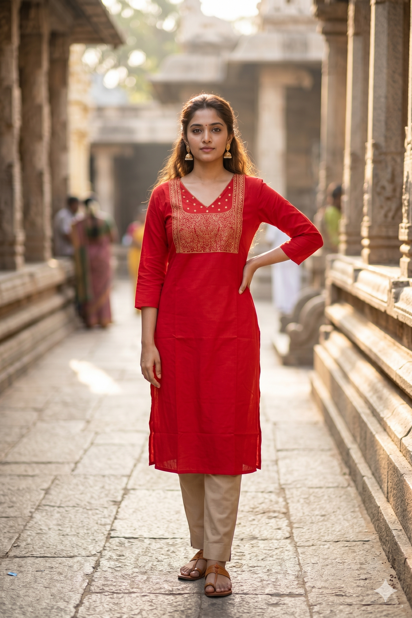 Classic Red V-Neck Kurti with Gold Zari Work (IB0468)