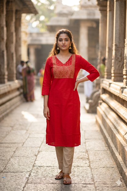 Classic Red V-Neck Kurti with Gold Zari Work (IB0468)
