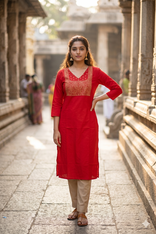 Classic Red V-Neck Kurti with Gold Zari Work (IB0468)