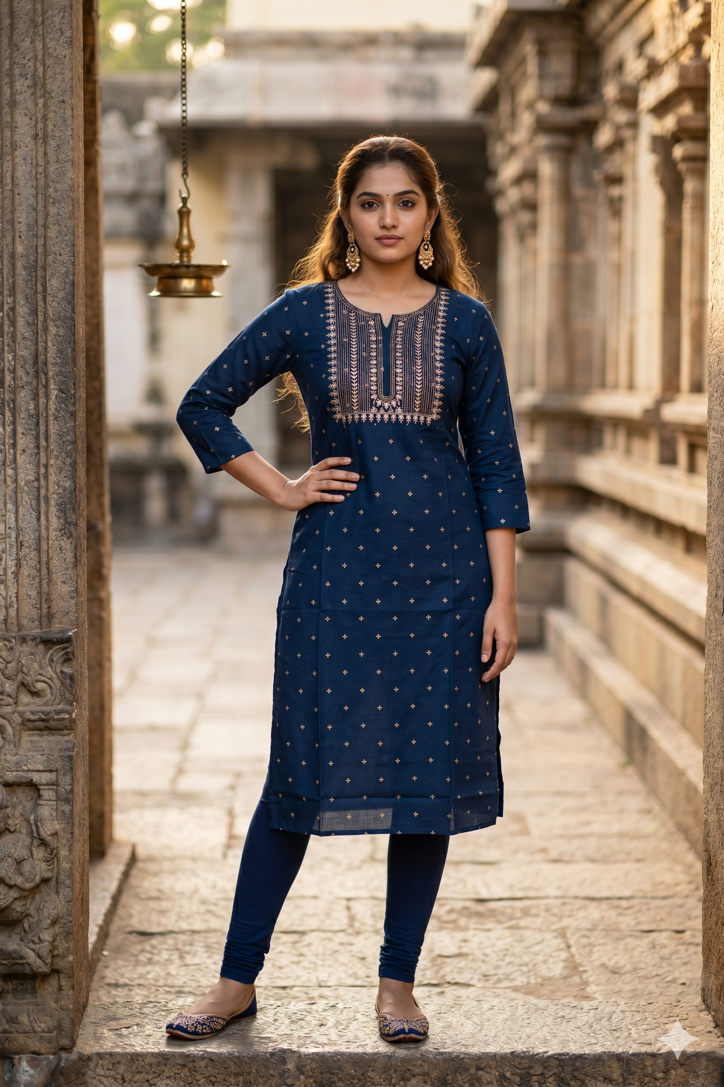 Navy Blue Embroidered Office Wear Straight Kurti (IB0471)