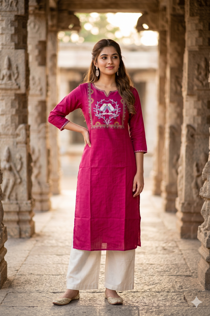 Magenta Bird Embroidered Office Wear Kurti (IB0472)