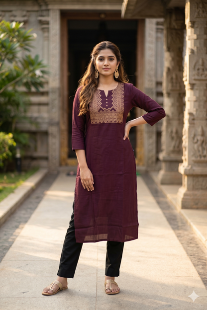 Wine Purple Embroidered Office Wear Kurti (IB0473)