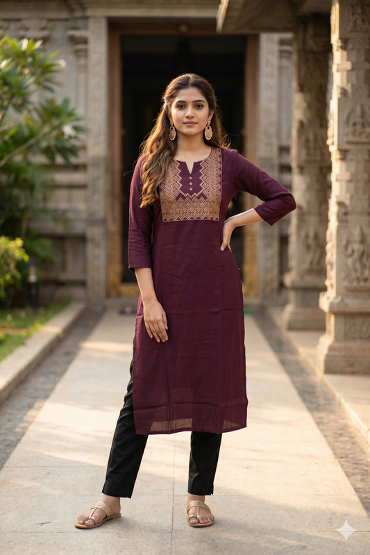 Wine Purple Embroidered Office Wear Kurti (IB0473)