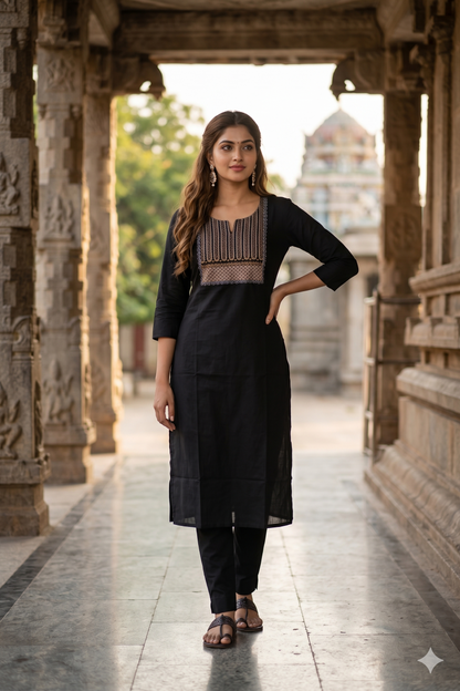 Jet Black Embroidered Office Wear Straight Kurti (IB0474)