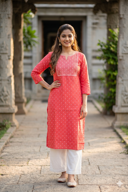 Coral Pink Embroidered Office Wear Kurti (IB0475)