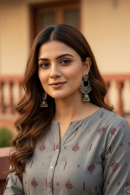 Slate Grey Printed Kurta Office Wear (IB127)