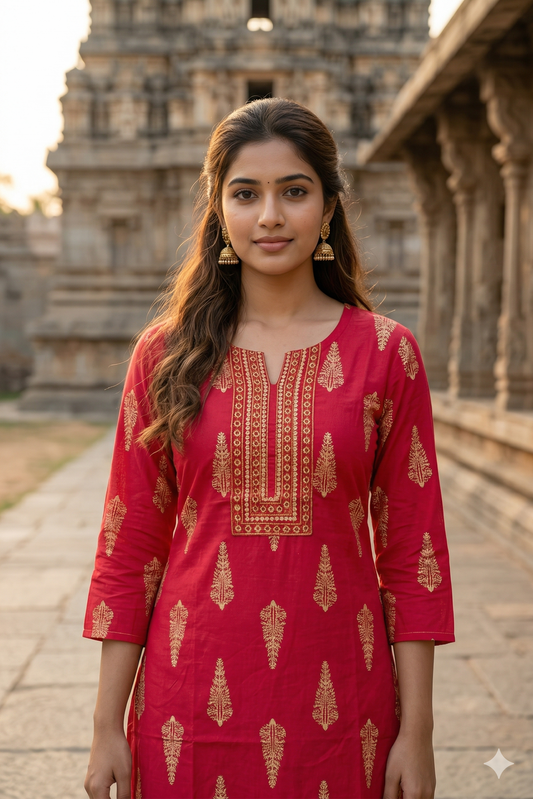 Crimson Red gold foil leaf Print Office Wear (IB0372)