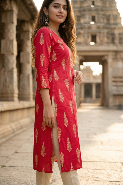 Crimson Red gold foil leaf Print Office Wear (IB0372)