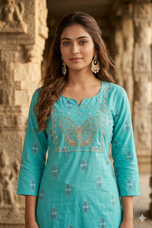 Turquoise Embroidery Office wear (IB0374)