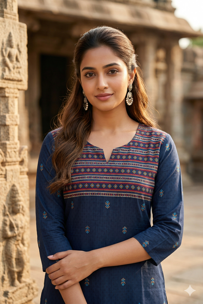 Navy Blue Geometric Yoke Cotton Office Wear (IB0389)