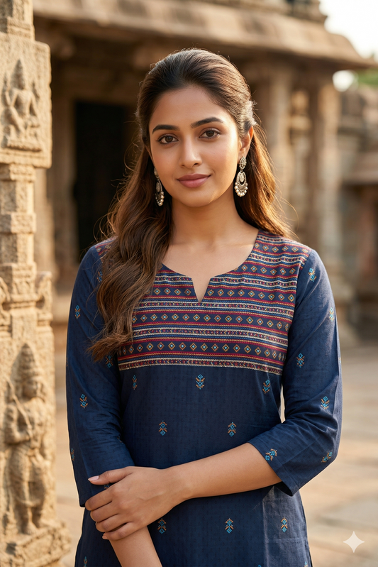 Navy Blue Geometric Yoke Cotton Office Wear (IB0389)