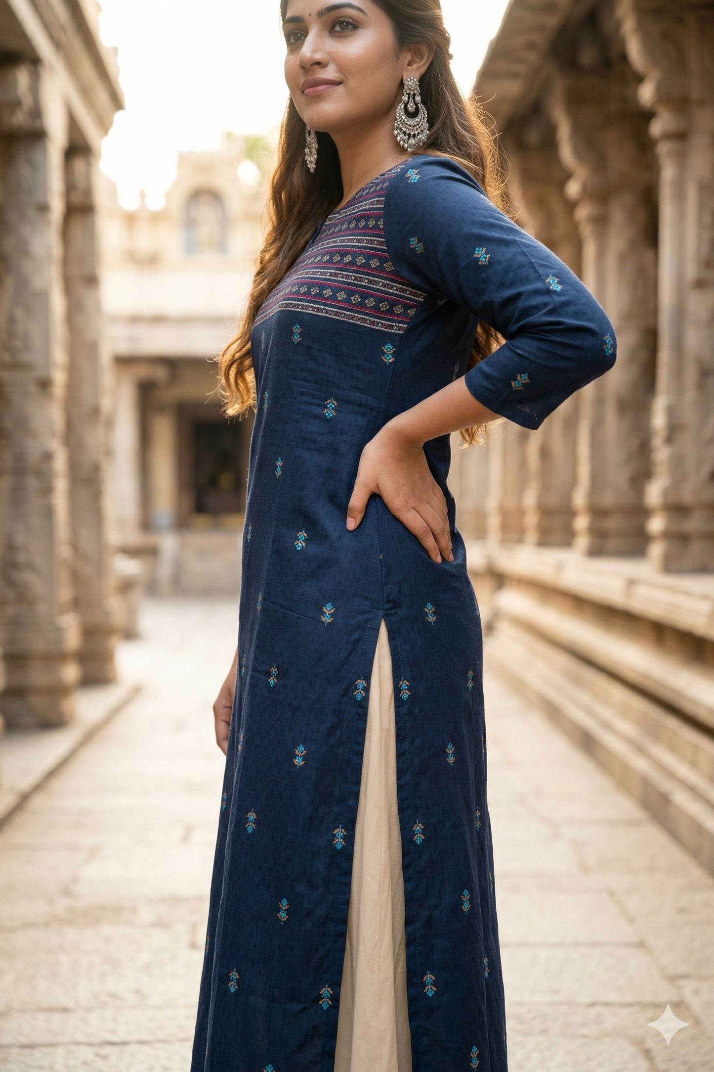 Navy Blue Geometric Yoke Cotton Office Wear (IB0389)