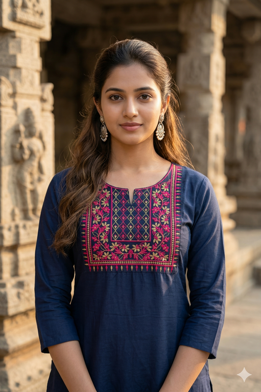 Navy Blue Magenta Floral Embroidery Cotton Office Wear Kurti (IB0396)