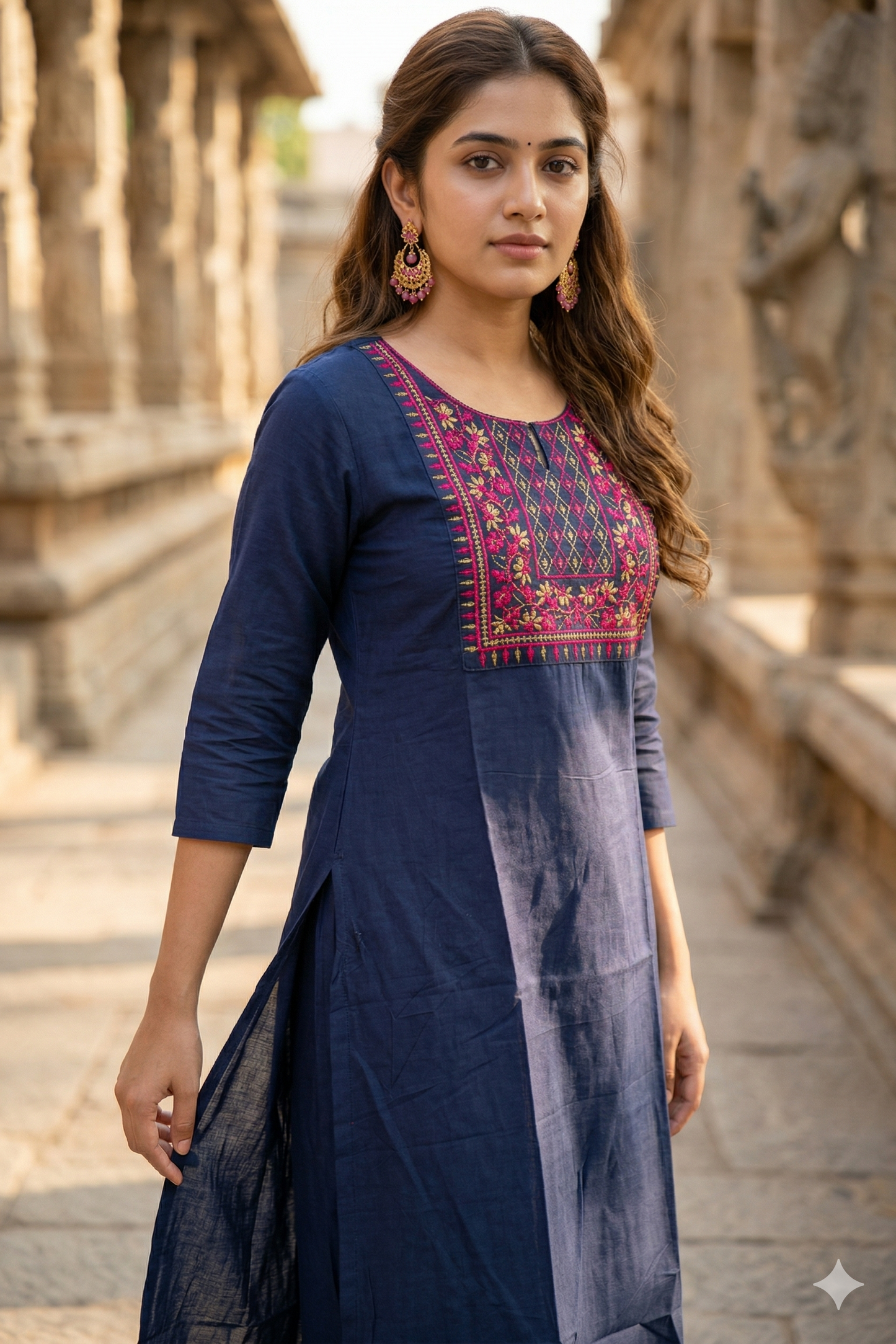 Navy Blue Magenta Floral Embroidery Cotton Office Wear Kurti (IB0396)