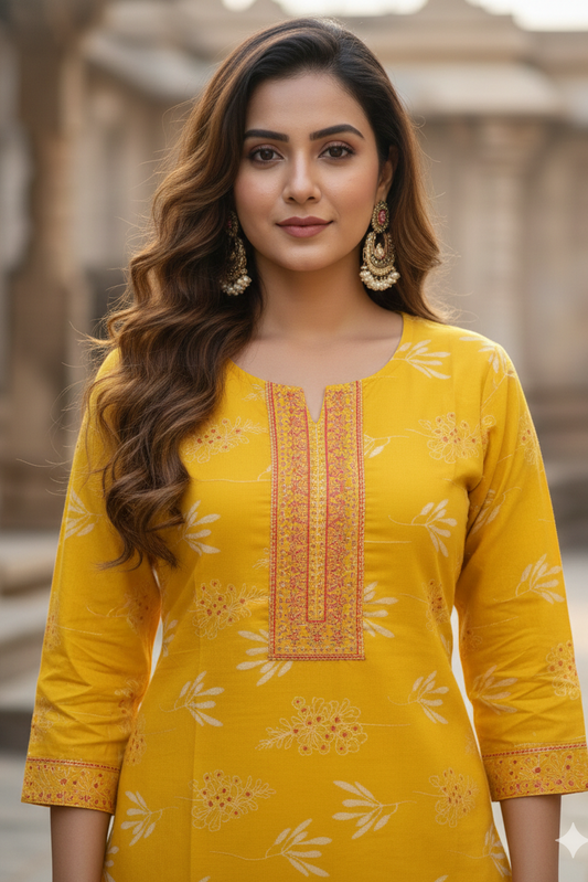 Yellow Floral Printed Office Kurti with Embroidered Yoke (IB0450)