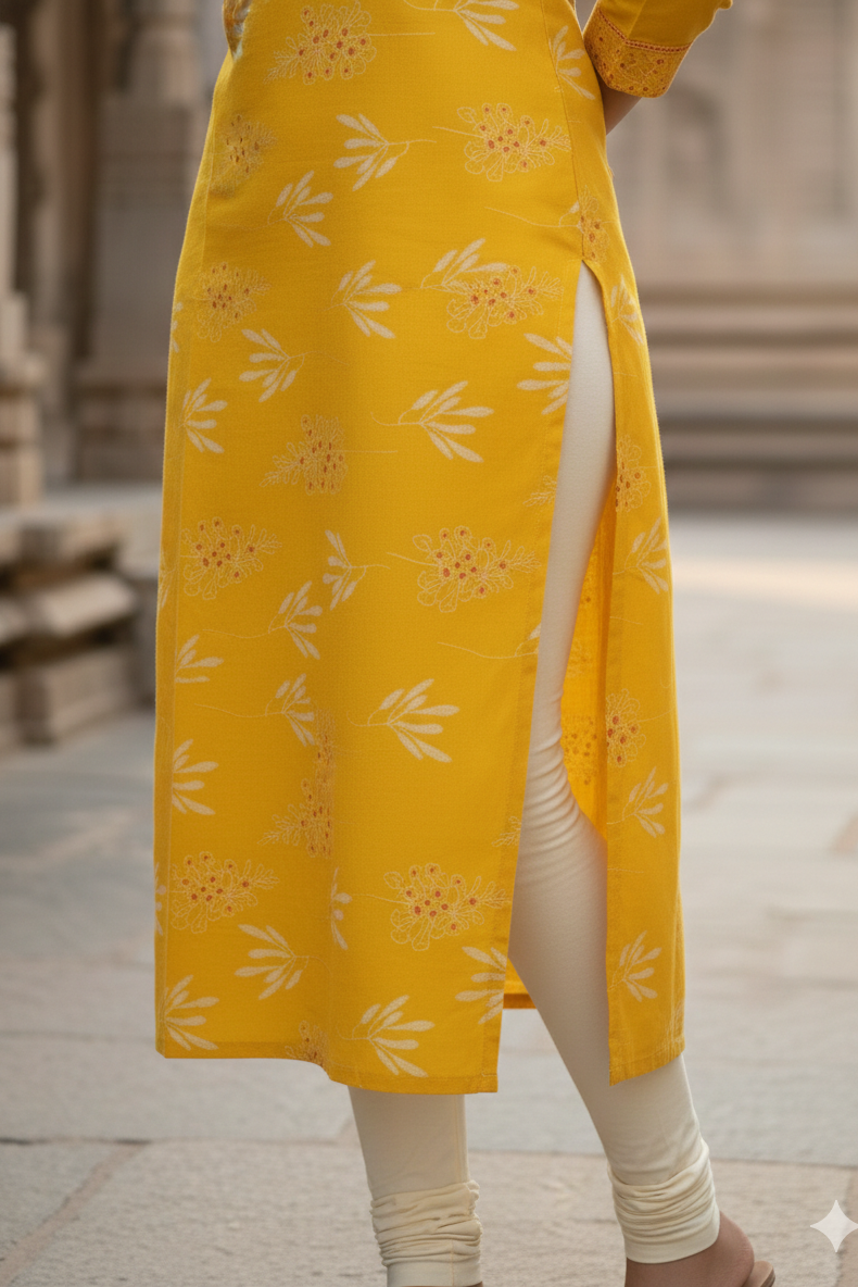 Yellow Floral Printed Office Kurti with Embroidered Yoke (IB0450)