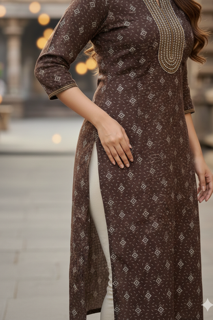 Dark Brown Bandhani Printed Kurti Office Wear (IB0451)