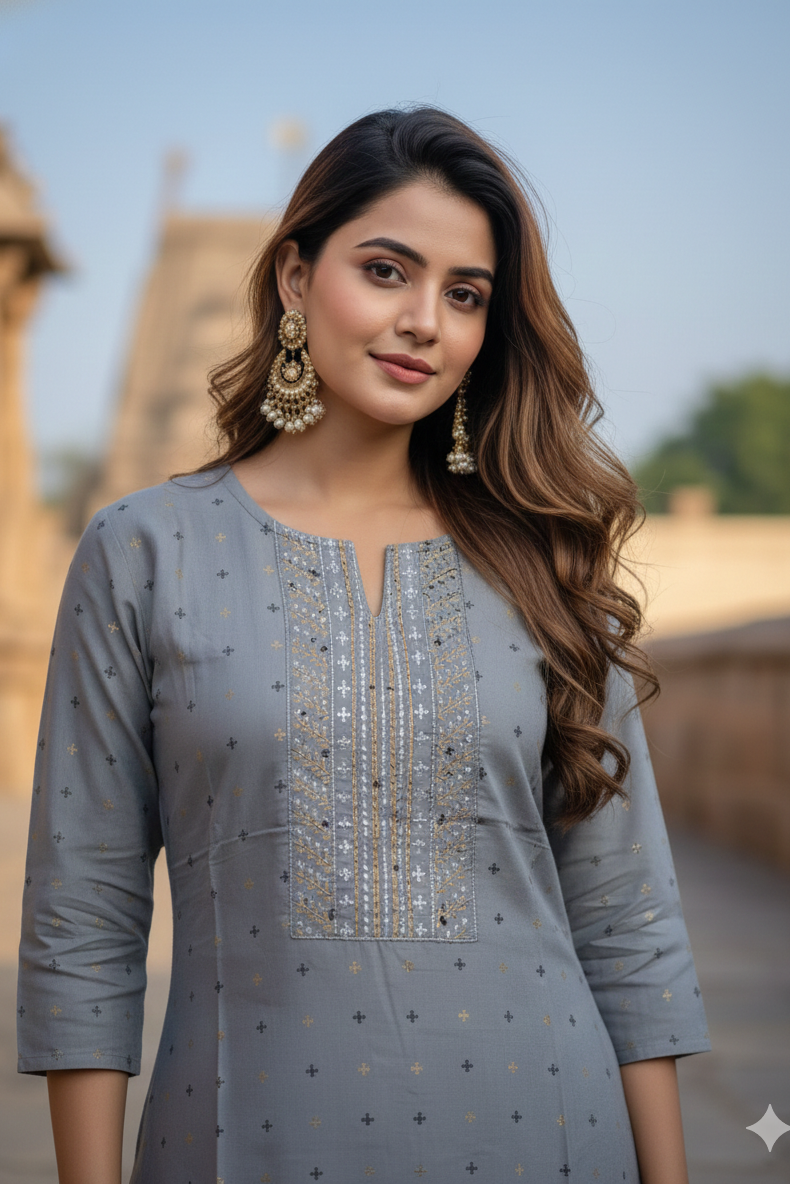 Slate Grey Butta Printed Office Wear Kurti (IB0452)