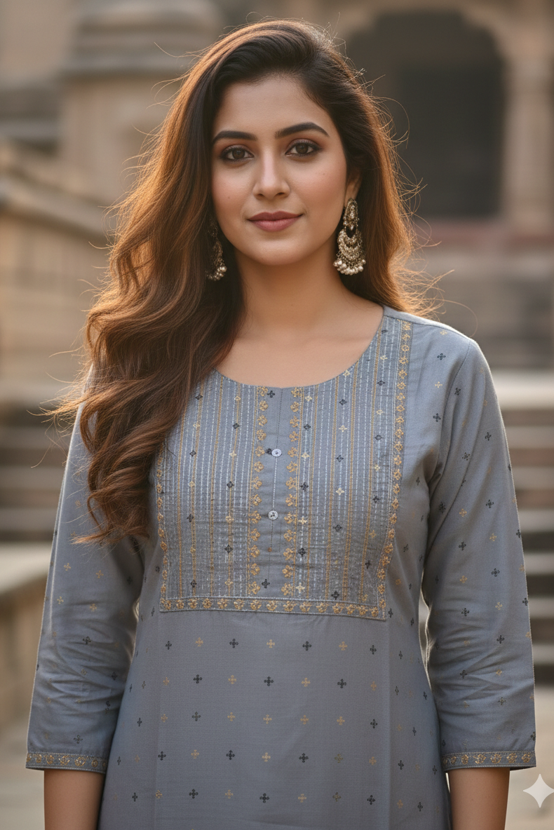 Elegant Soft Grey Cotton Office Wear Kurti (IB0453)
